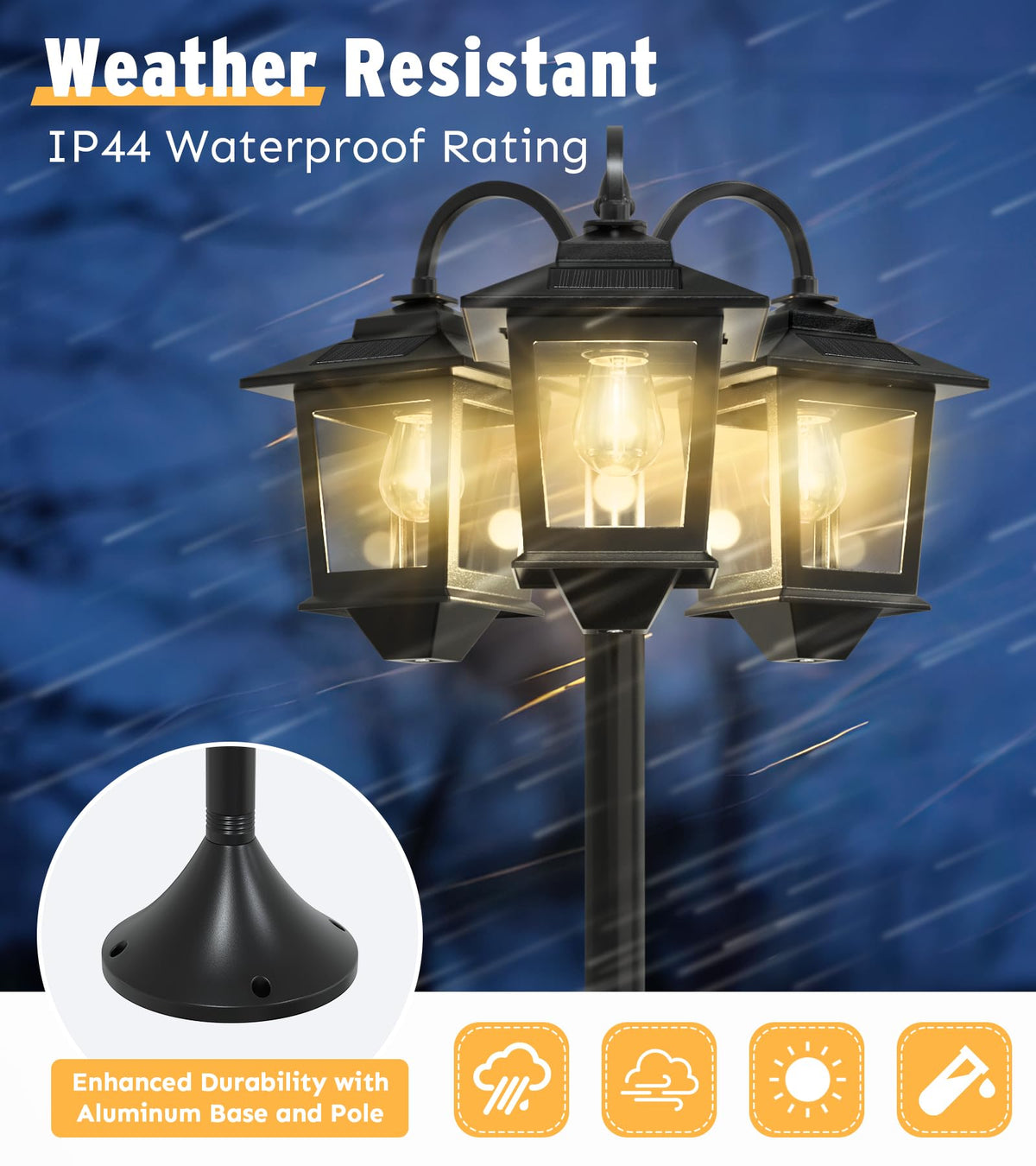 Joyoowild 73-Inch Aluminum Solar Lamp Post - 3-Head Outdoor Light