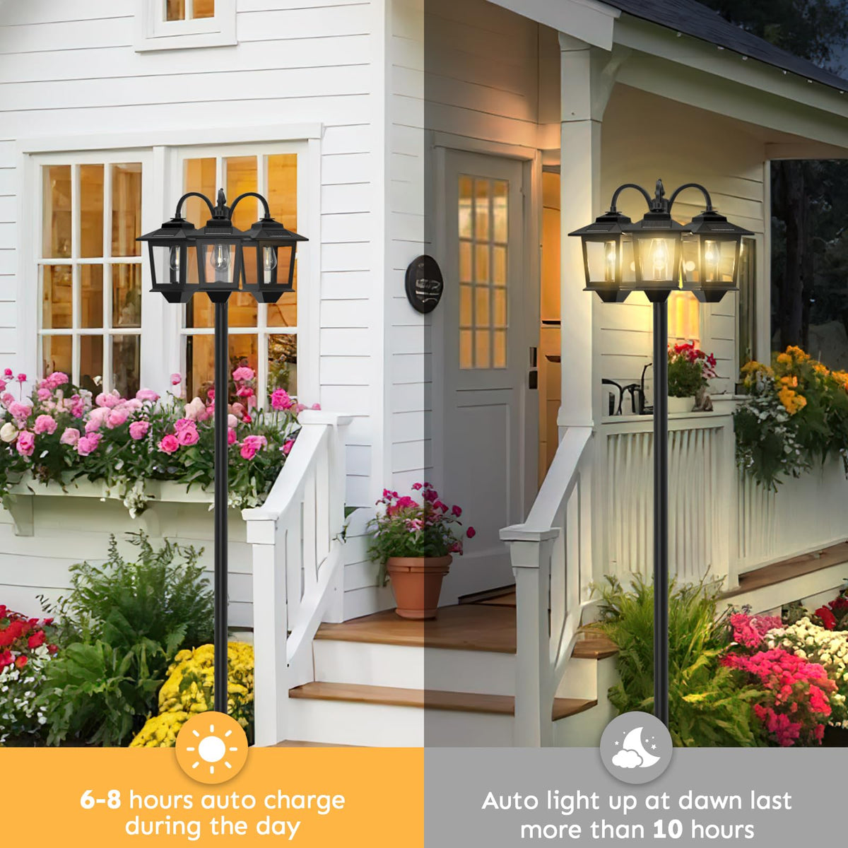 Joyoowild 73-Inch Aluminum Solar Lamp Post - 3-Head Outdoor Light