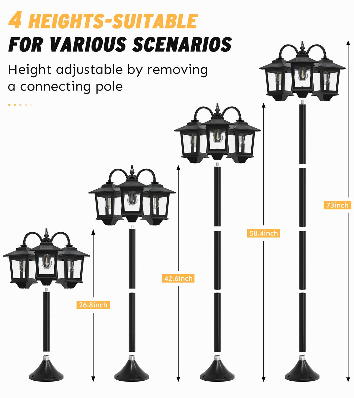 Joyoowild 73-Inch Aluminum Solar Lamp Post - 3-Head Outdoor Light