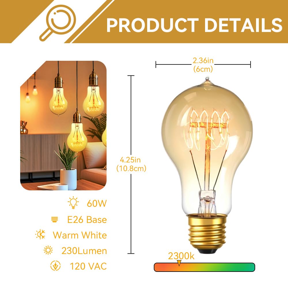 Jslinter 60W Dimmable Incandescent Bulbs 4-Pack — 2200K Warm Edison A19, 110V E26