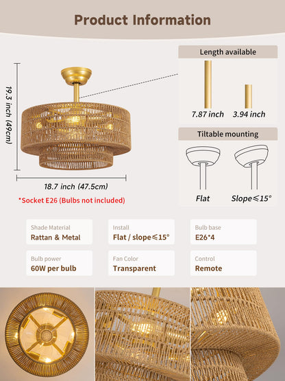 Jughtbo Boho Caged Fandelier with Lights – Flush Mount Rattan Ceiling Fan with Remote