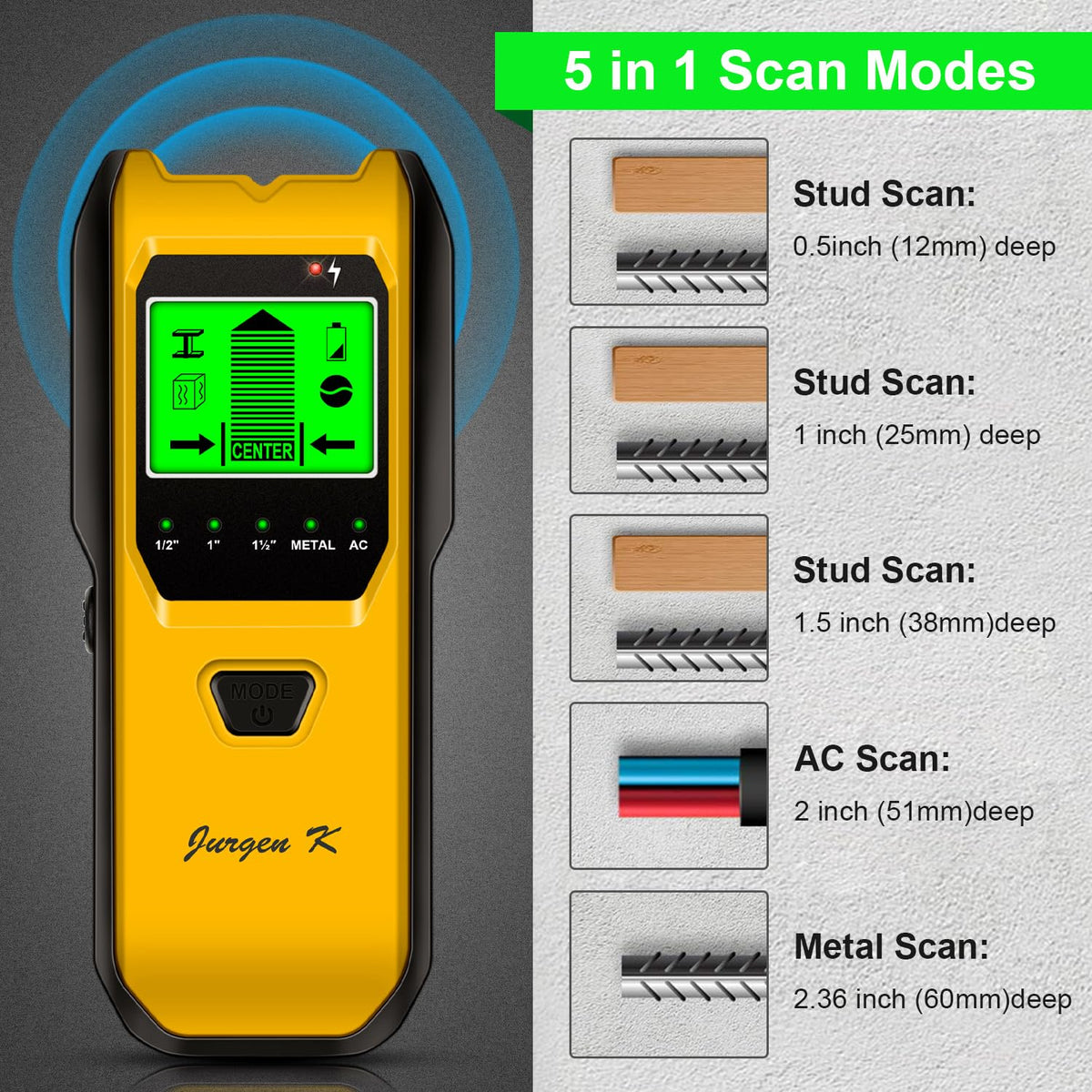 Jurgen K Stud Finder Wall Scanner - 5 in 1 with HD LCD Display (Lemon)