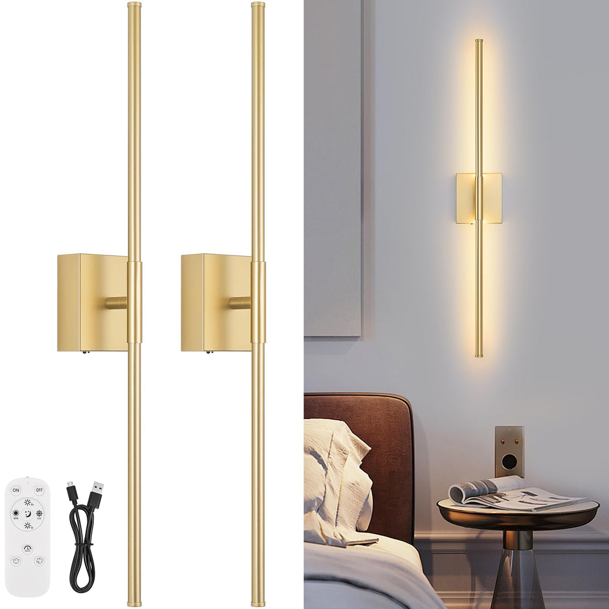 JZEKVN Battery-Operated Wall Sconce Set (2) – 3000K-6000K Dimmable, Remote, Timable LED, Gold Finish