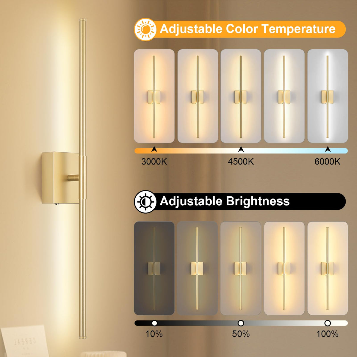JZEKVN Battery-Operated Wall Sconce Set (2) – 3000K-6000K Dimmable, Remote, Timable LED, Gold Finish