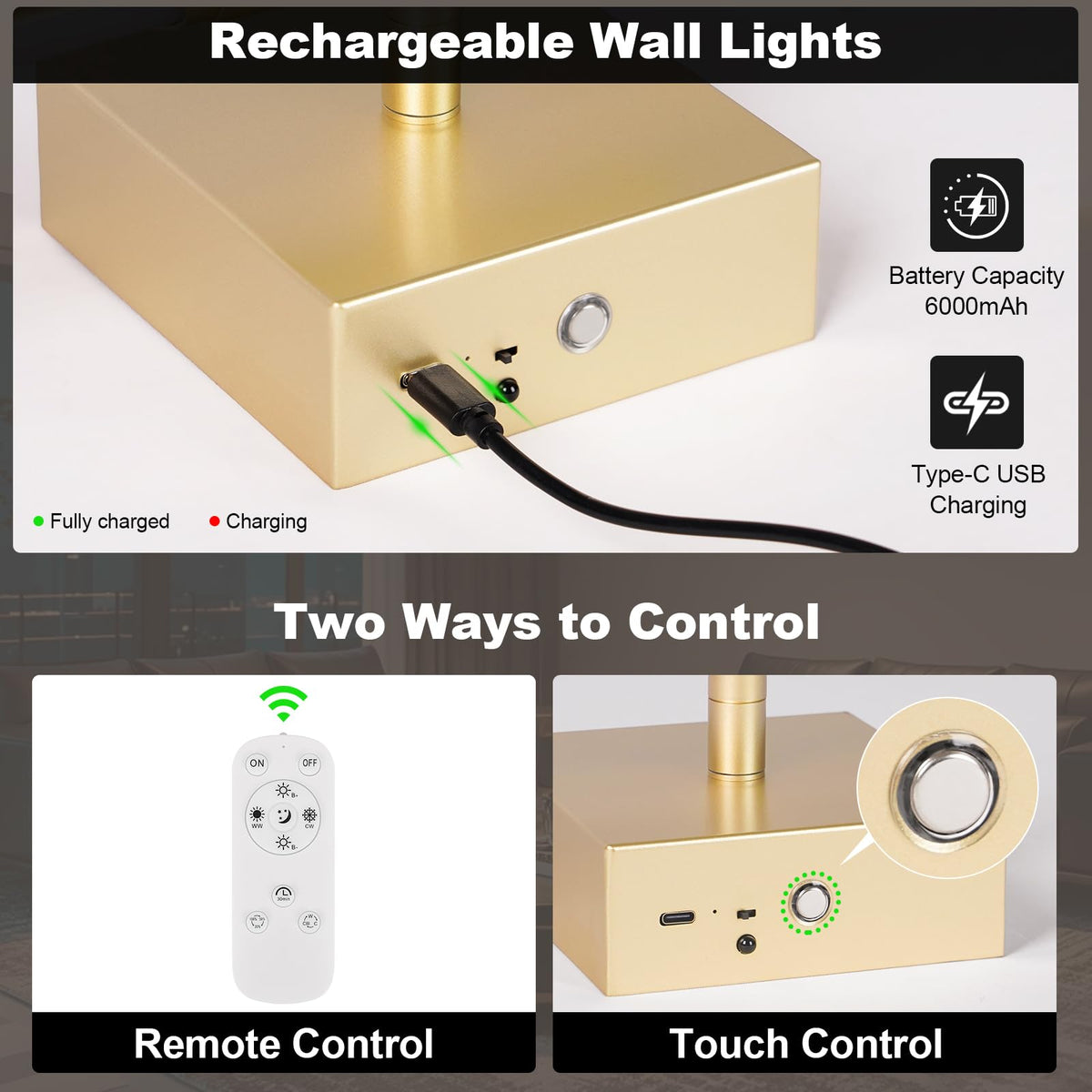 JZEKVN Battery-Operated Wall Sconce Set (2) – 3000K-6000K Dimmable, Remote, Timable LED, Gold Finish
