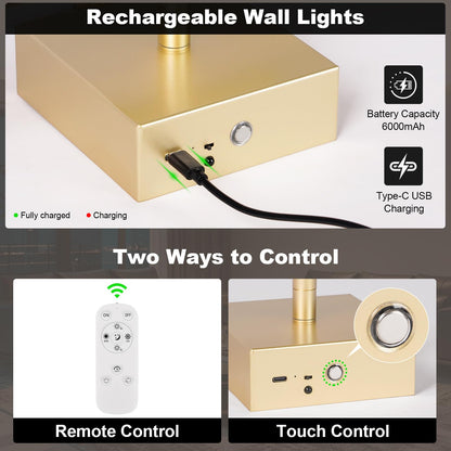 JZEKVN Battery-Operated Wall Sconce Set (2) – 3000K-6000K Dimmable, Remote, Timable LED, Gold Finish