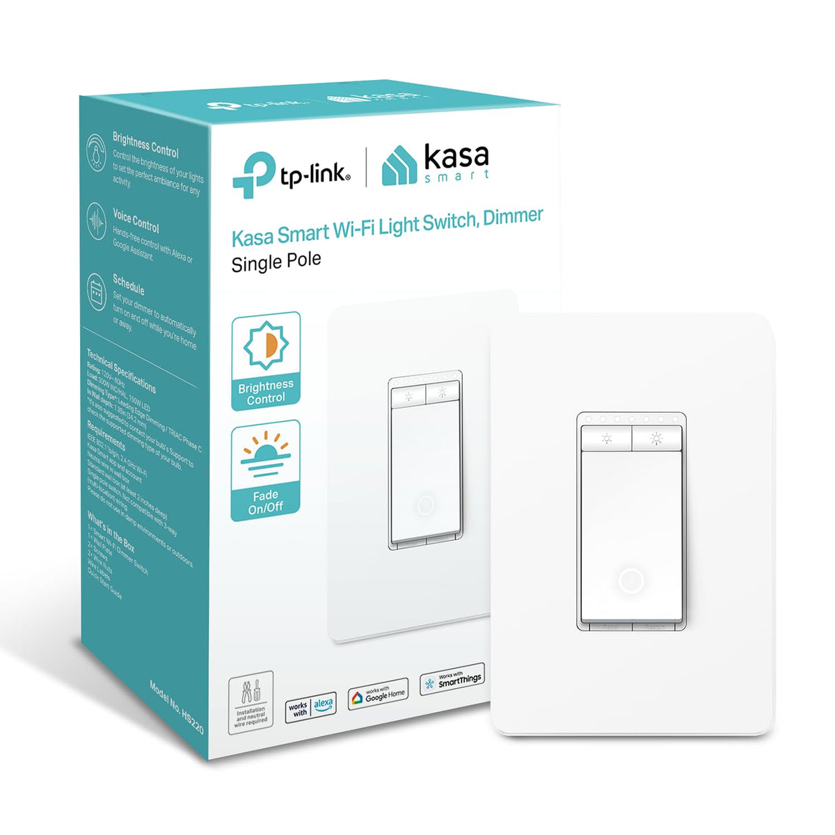 Kasa Smart HS220 Dimmer Switch – Single Pole, Neutral Wire, 2.4 GHz Wi-Fi, Alexa & Google Home