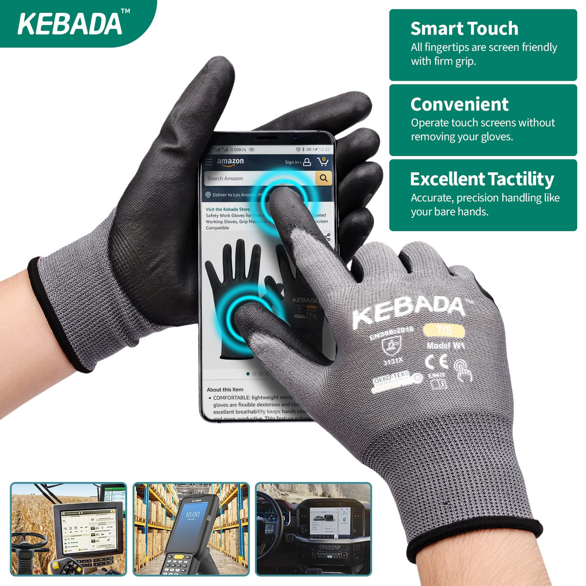 Kebada W1 PU Coated Work Gloves – 12 Pairs, Gray, X-Large | Grip & Touchscreen