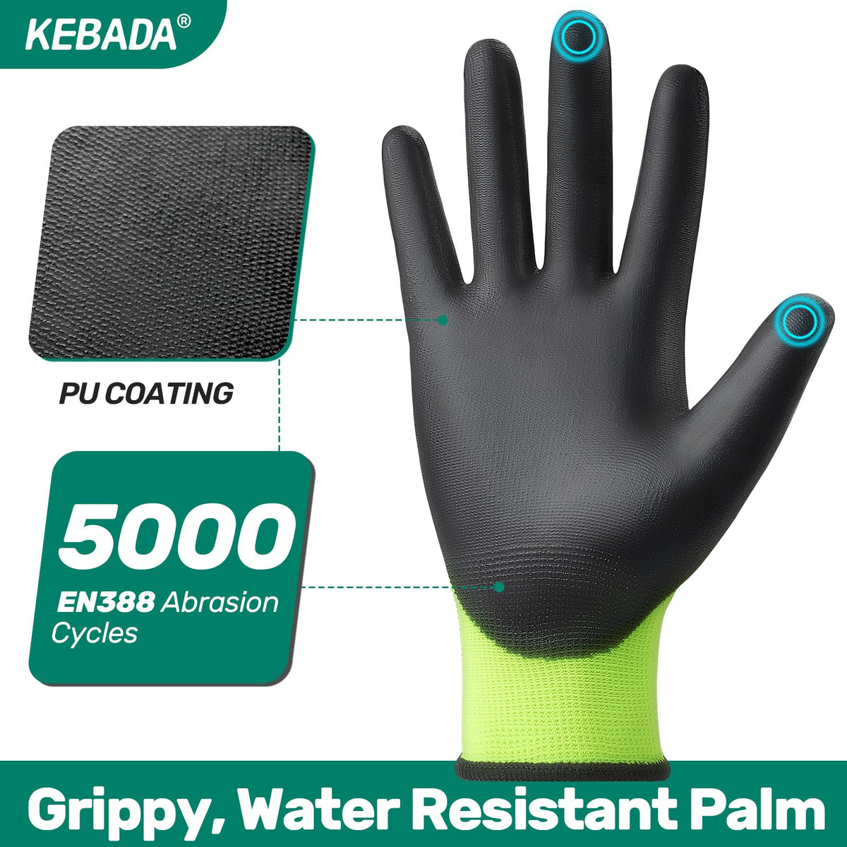 Kebada W1 Work Gloves - PU Coated Grip, Touchscreen, For Warehouse, Construction, Gardening (Green, Medium)