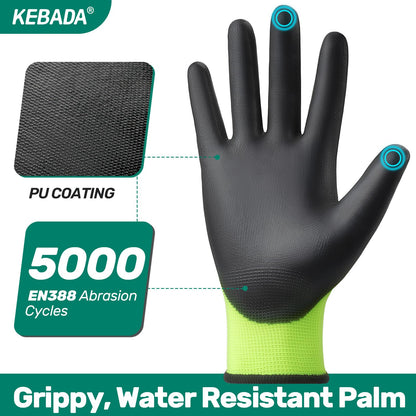 Kebada W1 Work Gloves - PU Coated Grip, Touchscreen, For Warehouse, Construction, Gardening (Green, Medium)