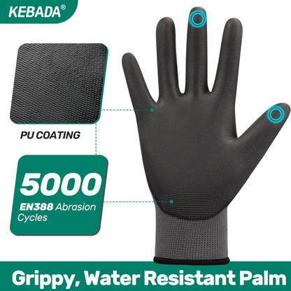 Kebada W1 PU Coated Work Gloves – 12 Pairs, Gray, X-Large | Grip & Touchscreen