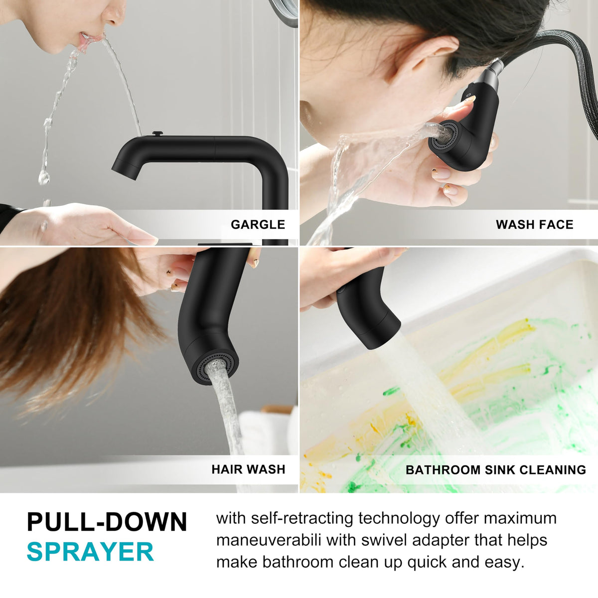KENES Matte Black 8-Inch Widespread Bathroom Faucet with Pull-Down Sprayer | LJ-9058A-2