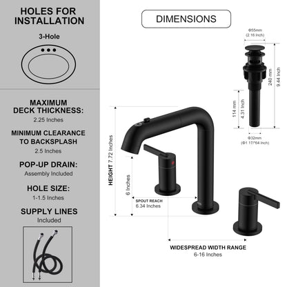 KENES Matte Black 8-Inch Widespread Bathroom Faucet with Pull-Down Sprayer | LJ-9058A-2