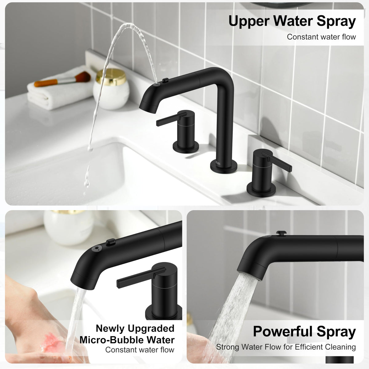 KENES Matte Black 8-Inch Widespread Bathroom Faucet with Pull-Down Sprayer | LJ-9058A-2