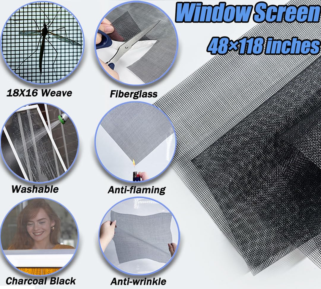 King&Charles Window Screen Door Repair Kit (48x118) – 6-in-1 DIY Screen Kit
