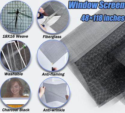 King&Charles Window Screen Door Repair Kit (48x118) – 6-in-1 DIY Screen Kit