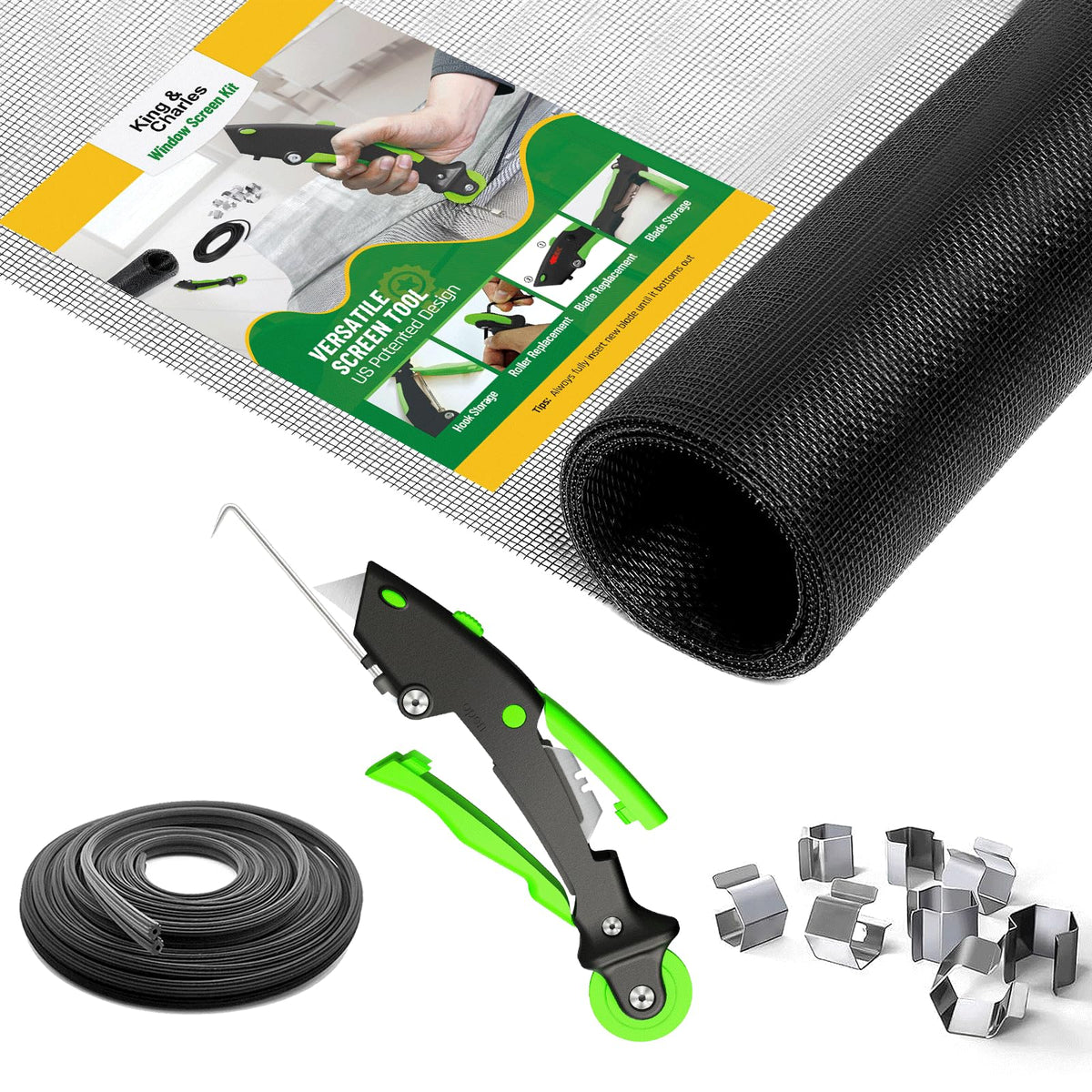 King&Charles Window Screen Repair Kit – 48x118 Insect Mesh, Roller Tool, 50ft Spline, 8 Clips