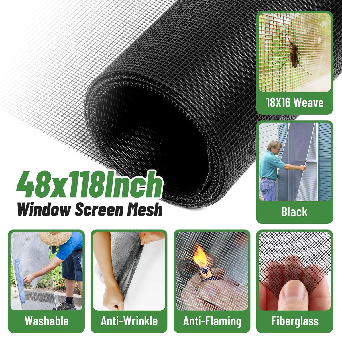 King&Charles Window Screen Repair Kit – 48x118 Insect Mesh, Roller Tool, 50ft Spline, 8 Clips