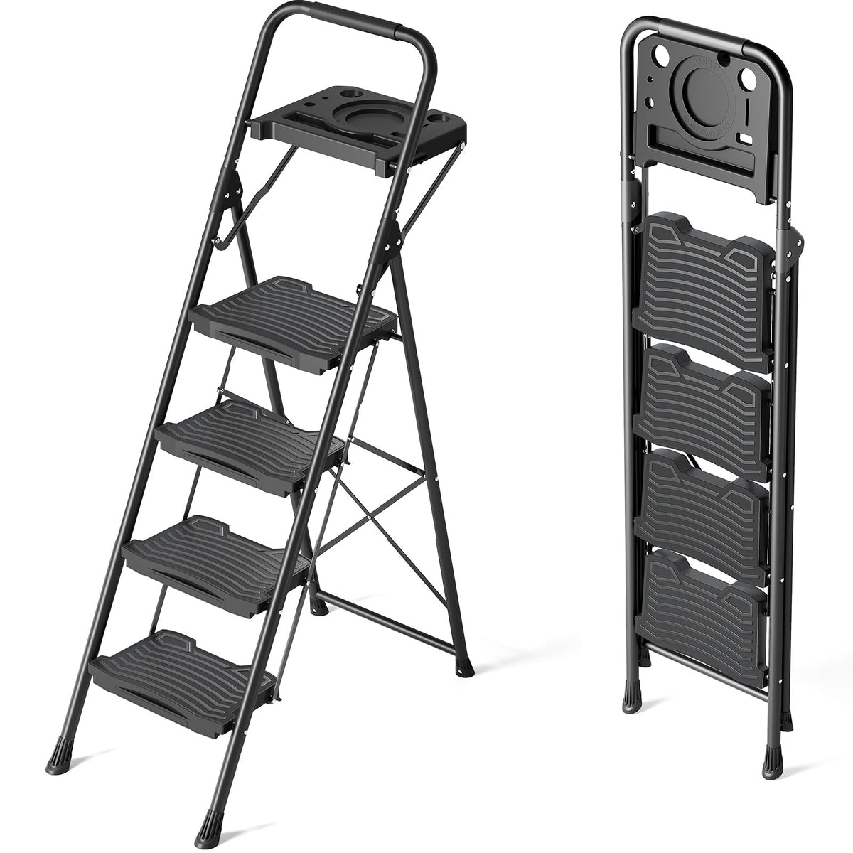 KINGRACK 4-Step Ladder with Tool Platform | 900LBS Capacity, Anti-Slip Pedals, Foldable, Multi-Use