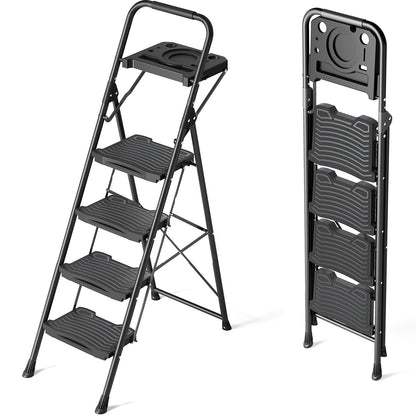 KINGRACK 4-Step Ladder with Tool Platform | 900LBS Capacity, Anti-Slip Pedals, Foldable, Multi-Use