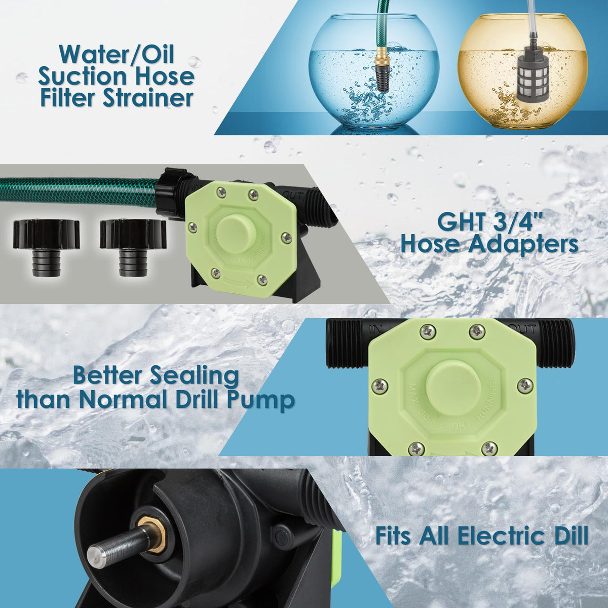 KITLUCK Hand Drill Water Transfer Pump — 750 GPH with Hose & Adapters