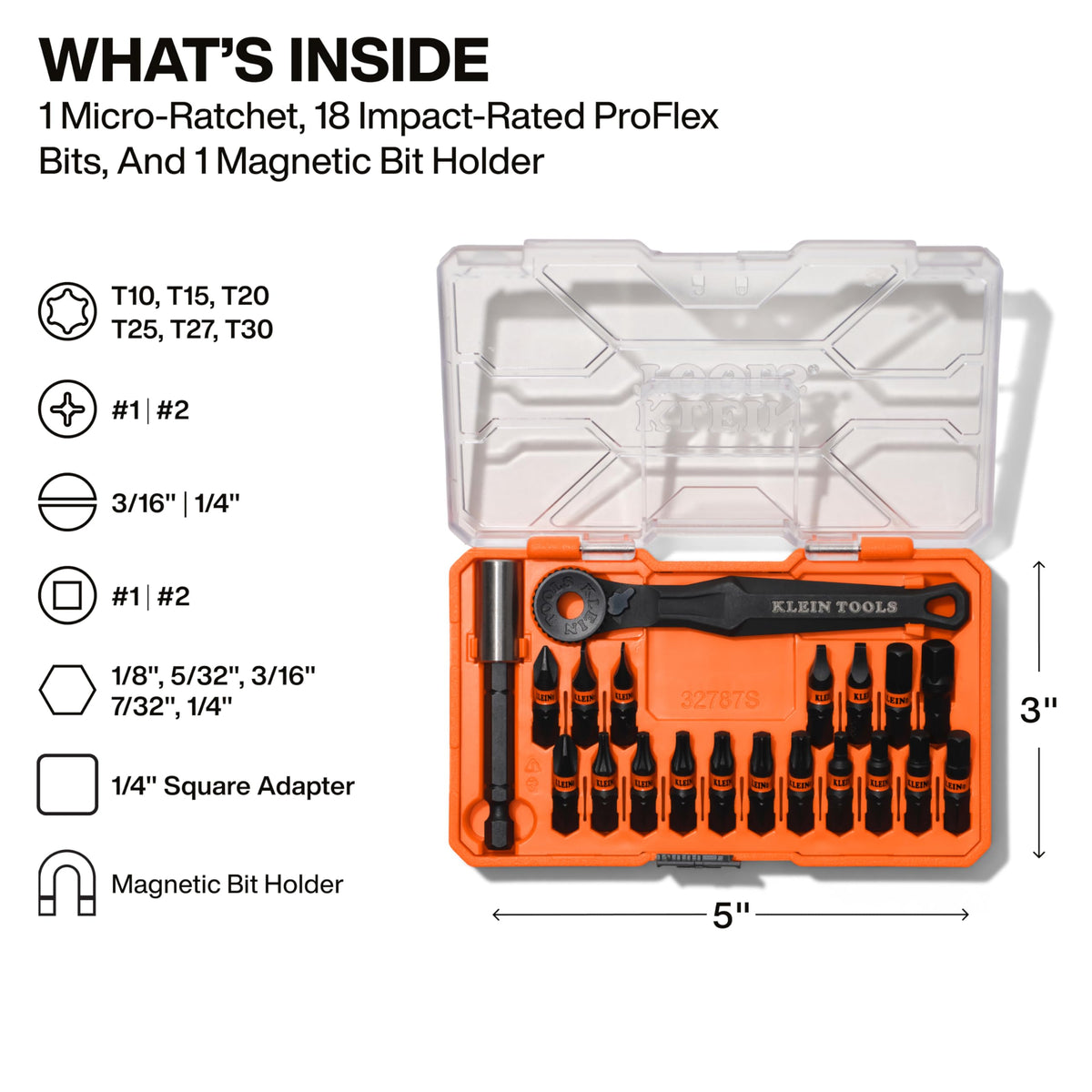 Klein Tools 32787S Slim Micro-Ratchet ProFlex Bit Set — 20-Piece, S2 Steel, MODbox Compatible