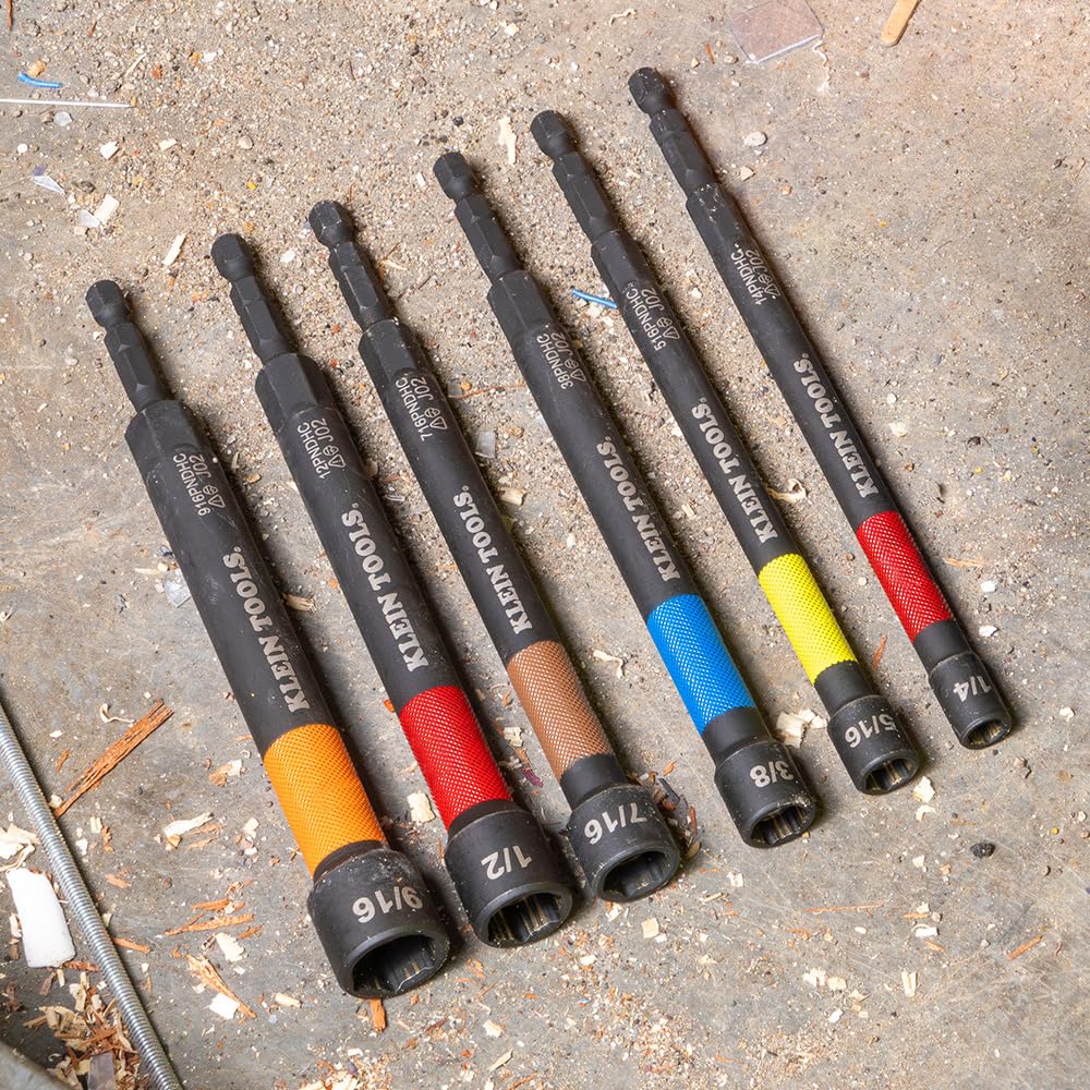 Klein Tools 32930 SAE Magnetic Impact Nut Setter Set – 6-Piece Color-Coded, Extended Reach