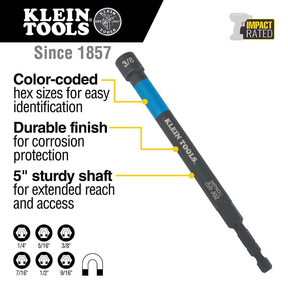 Klein Tools 32930 SAE Magnetic Impact Nut Setter Set – 6-Piece Color-Coded, Extended Reach