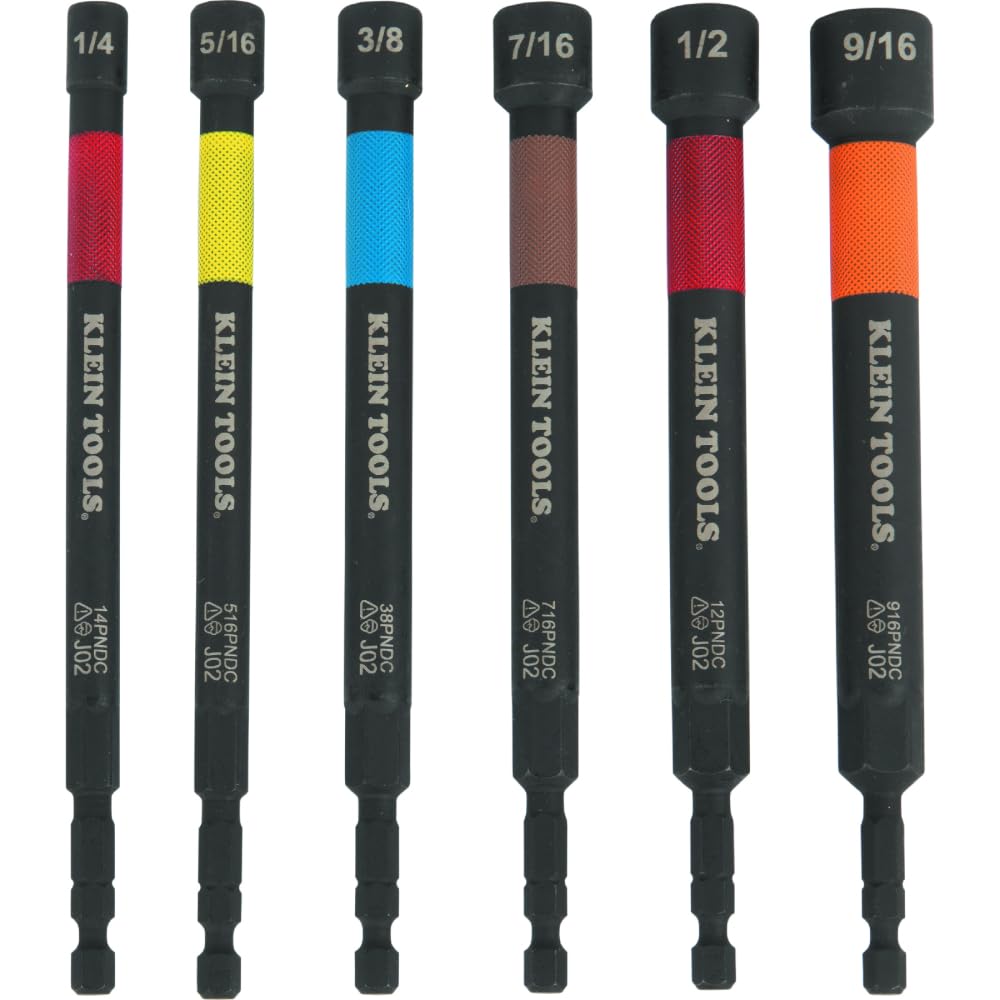 Klein Tools 32930 SAE Magnetic Impact Nut Setter Set – 6-Piece Color-Coded, Extended Reach