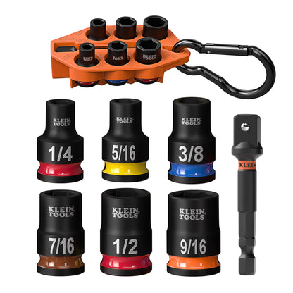 Klein Tools 33808 Grab-And-Go SAE Impact Socket Set - 7-Piece with Sleeve, Carabiner, 3/8 Drive