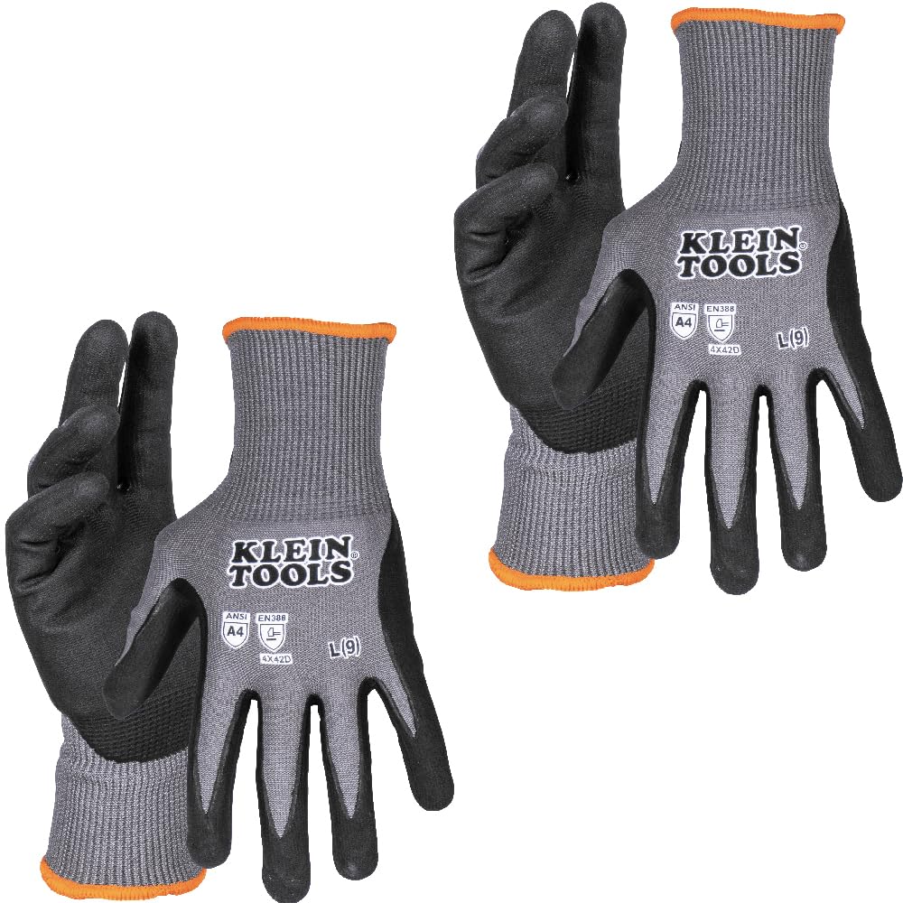 Klein Tools 60589 Work Gloves – Cut Resistant HPPE Knit, Nitrile Dipped, Touchscreen Capable, Large, 2-Pair