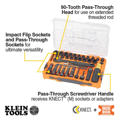 Klein Tools 65500KNECT 39-Piece Pass-Through Socket Set — SAE/Metric, 90-Tooth Ratchet, MODbox