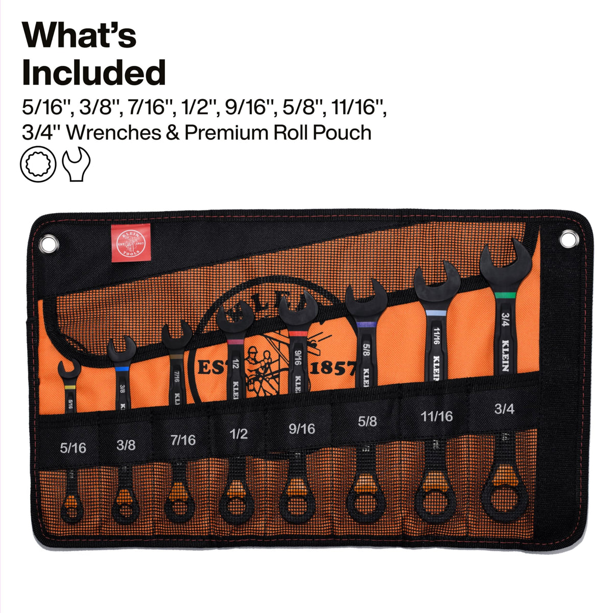 Klein Tools 69508 8-Piece SAE Ratcheting Wrench Set | 90-Tooth, I-Beam Handle, Roll Pouch