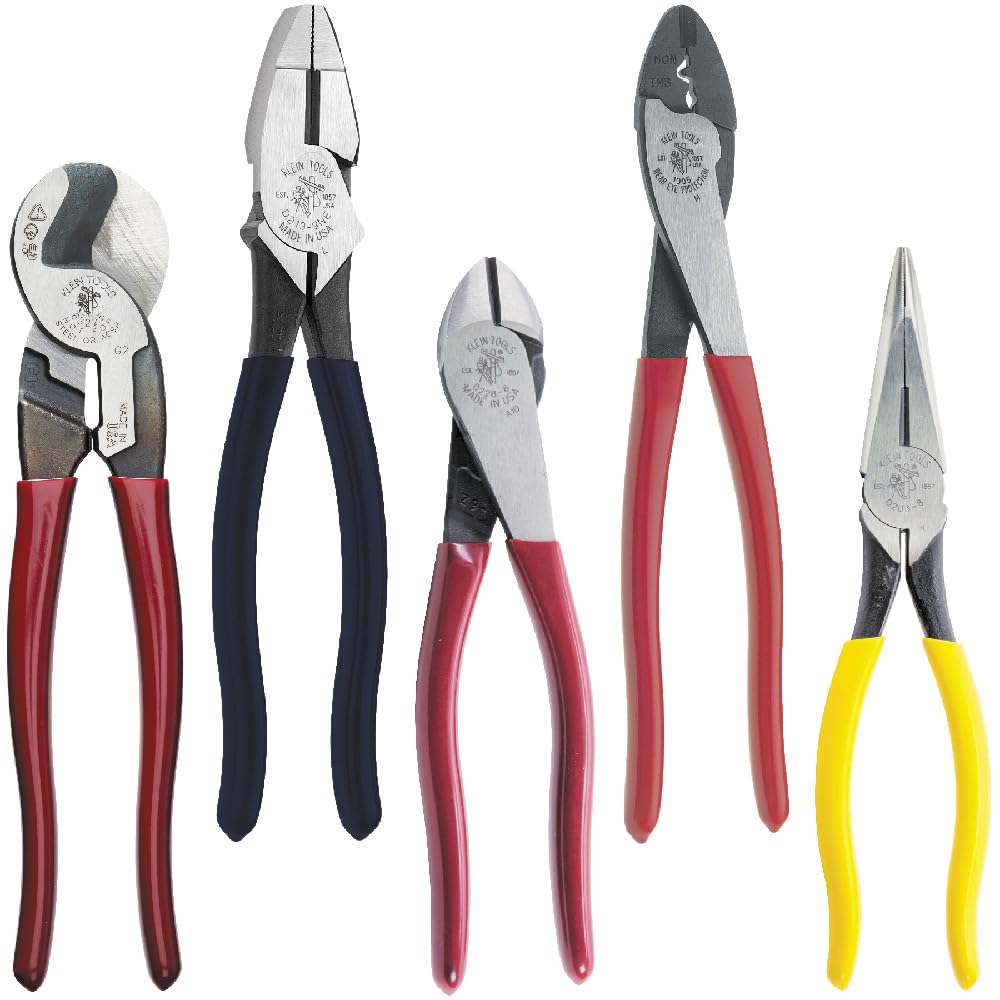 Klein Tools 80087 Dipped Plier Kit – 5-Piece USA-Made High-Leverage Pliers Set
