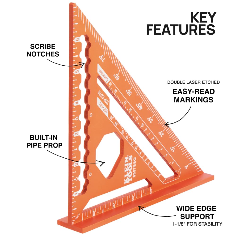 Klein Tools 9357SSQ Rafter Square – 7-Inch Aluminum, Double Laser Etched, Multi-Functional Carpenter Tool