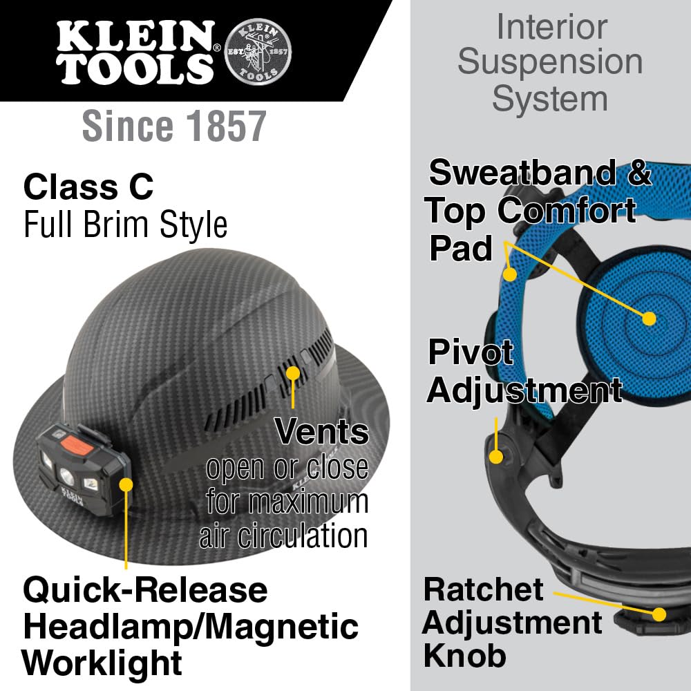 Klein Tools 60347 KARBN Full Brim Hard Hat with Rechargeable Lamp
