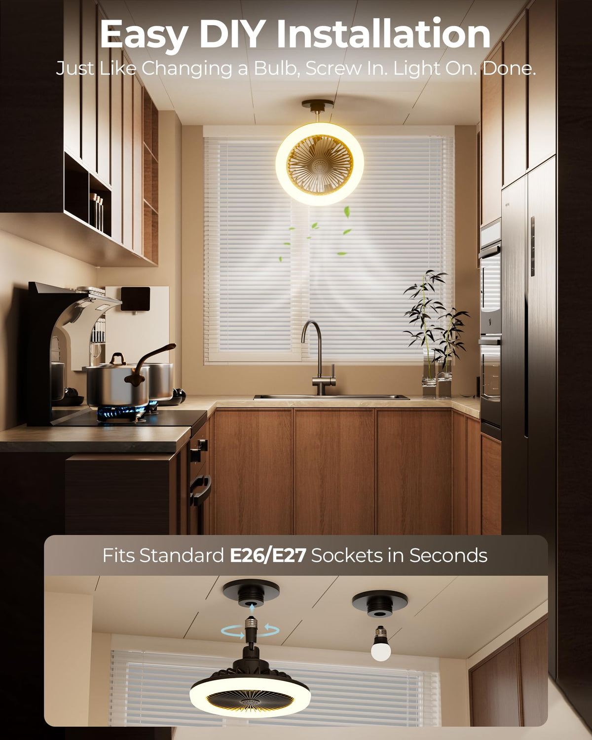Kleqop Black Screw-in Ceiling Fan with Light Socket – 2200LM LED, Remote