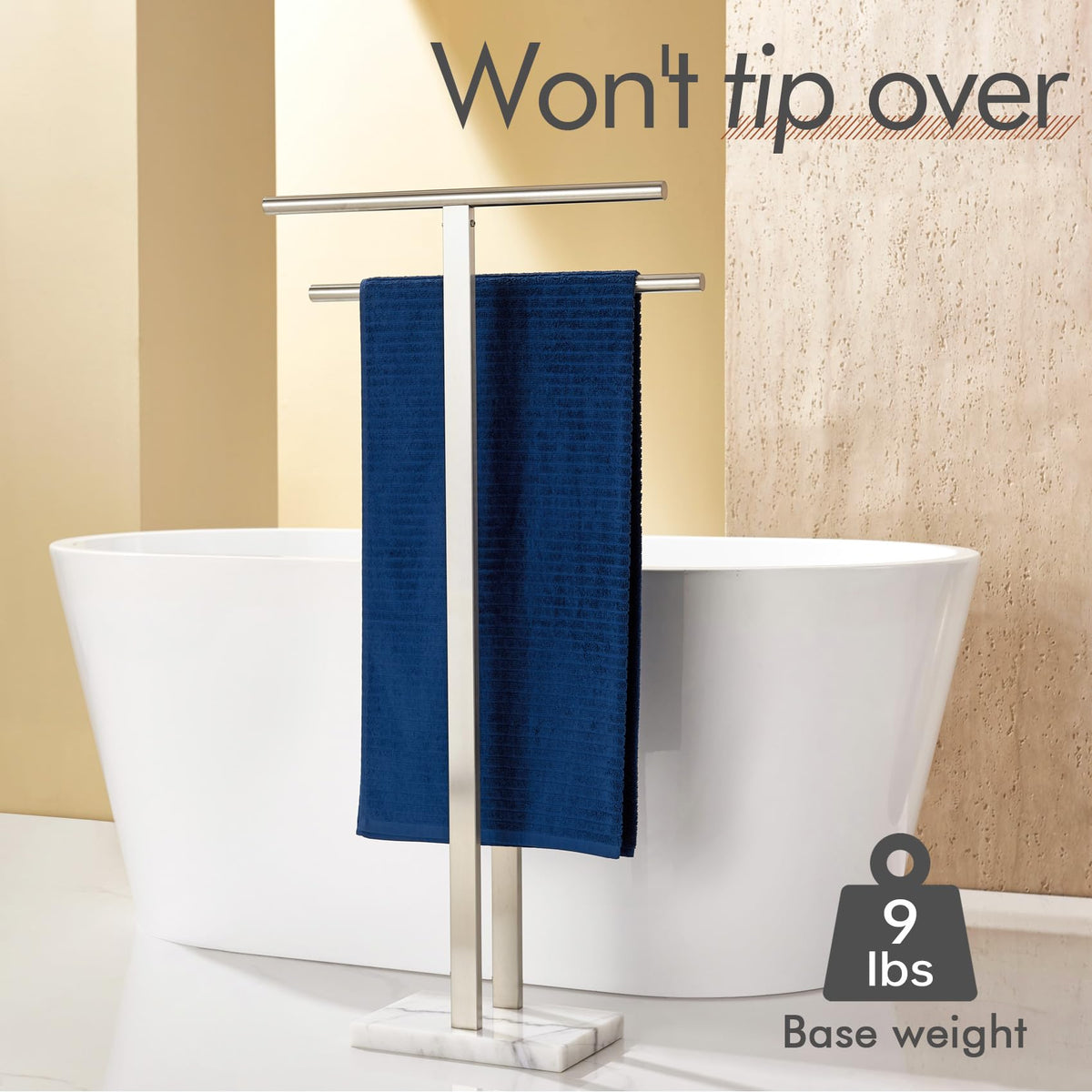 KOKOSIRI Free Standing Towel Rack 2-Tier – Brushed Nickel, Marble Base | THS0005-BR