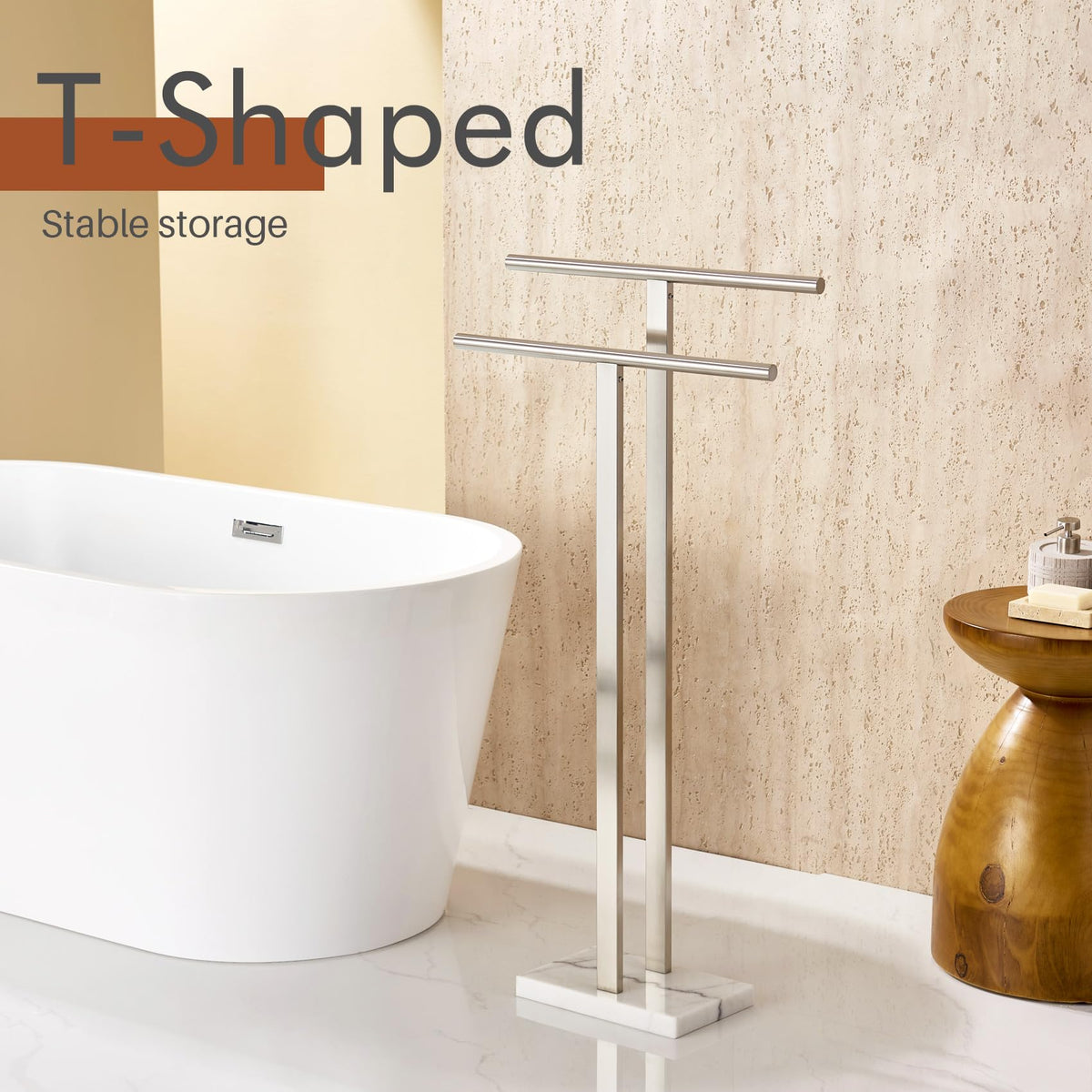 KOKOSIRI Free Standing Towel Rack 2-Tier – Brushed Nickel, Marble Base | THS0005-BR