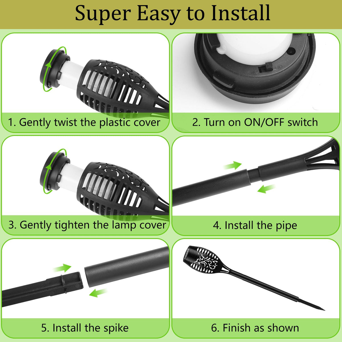 KOLYC Solar Flame Lights Outdoor 6-Pack | Flickering Flame LED Torches for Garden & Pathways