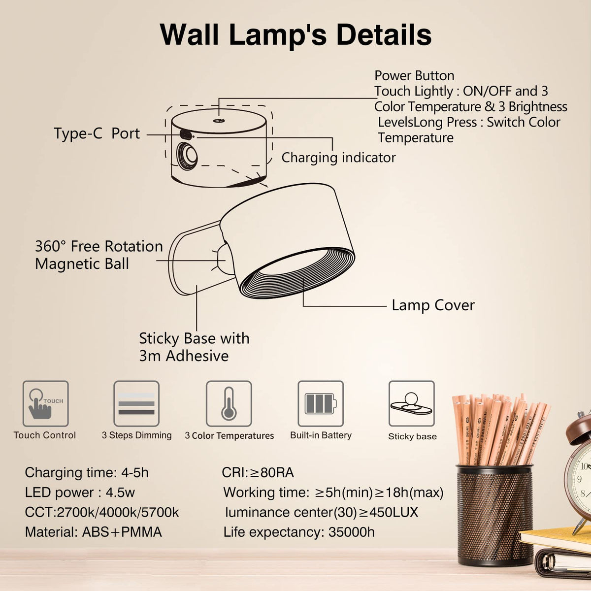 Koopala LED Sconces – Cordless Wall Lamps with 3 Color Temperatures, 3 Brightness Levels, 360° Magnetic Ball