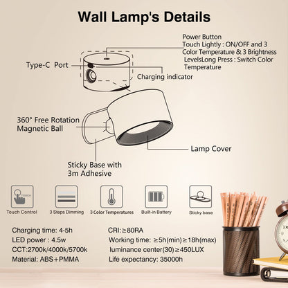 Koopala LED Sconces – Cordless Wall Lamps with 3 Color Temperatures, 3 Brightness Levels, 360° Magnetic Ball