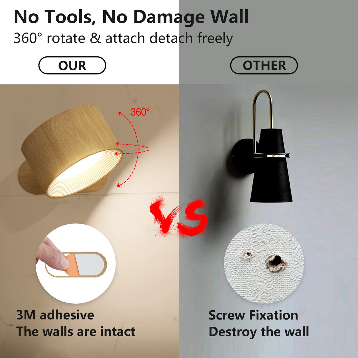 Koopala LED Sconces – Cordless Wall Lamps with 3 Color Temperatures, 3 Brightness Levels, 360° Magnetic Ball