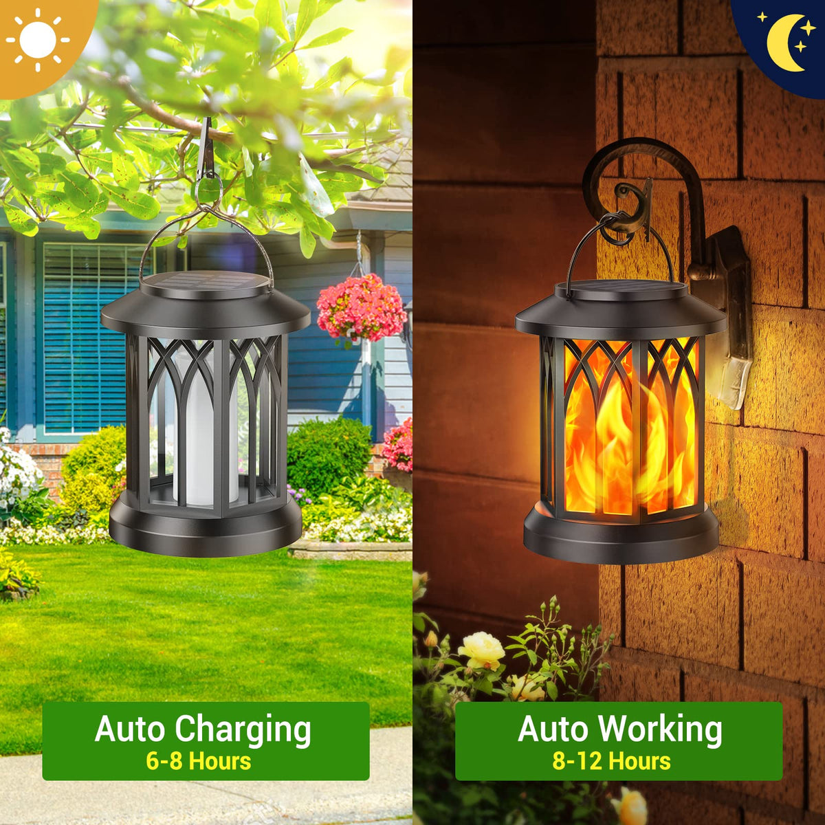 KOOPER Hanging Solar Lights Lantern Outdoor with Dancing Flame, IP65 Waterproof, 2 Pack