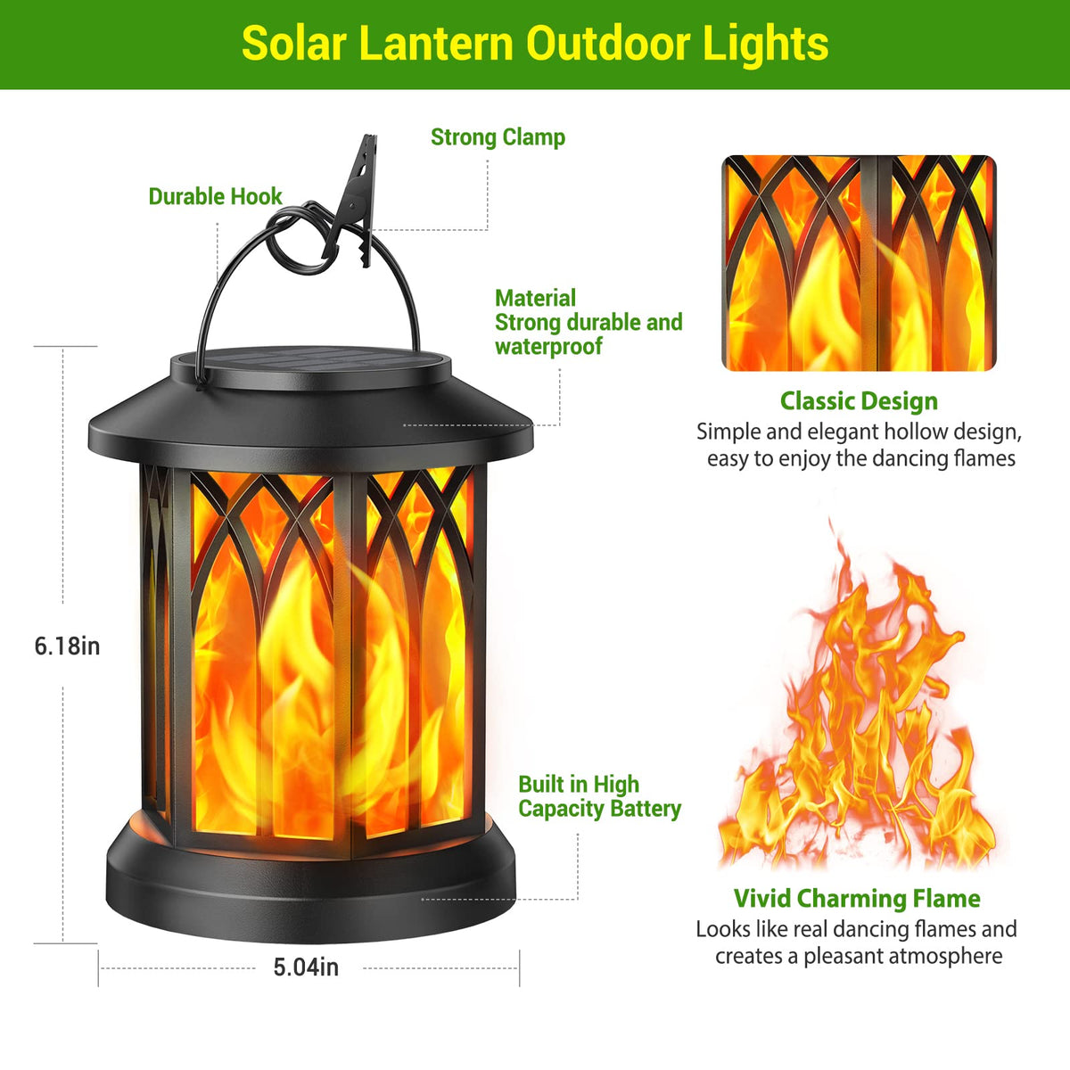 KOOPER Hanging Solar Lights Lantern Outdoor with Dancing Flame, IP65 Waterproof, 2 Pack