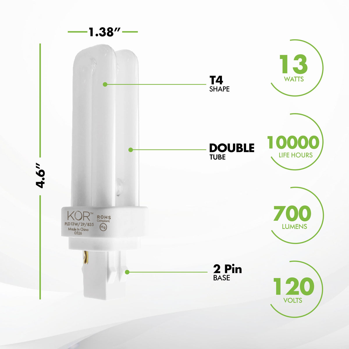 KOR 4-Pack 13W GX23-2 CFL Bulbs 3500K – Plug-In Dual-Tube Replacement
