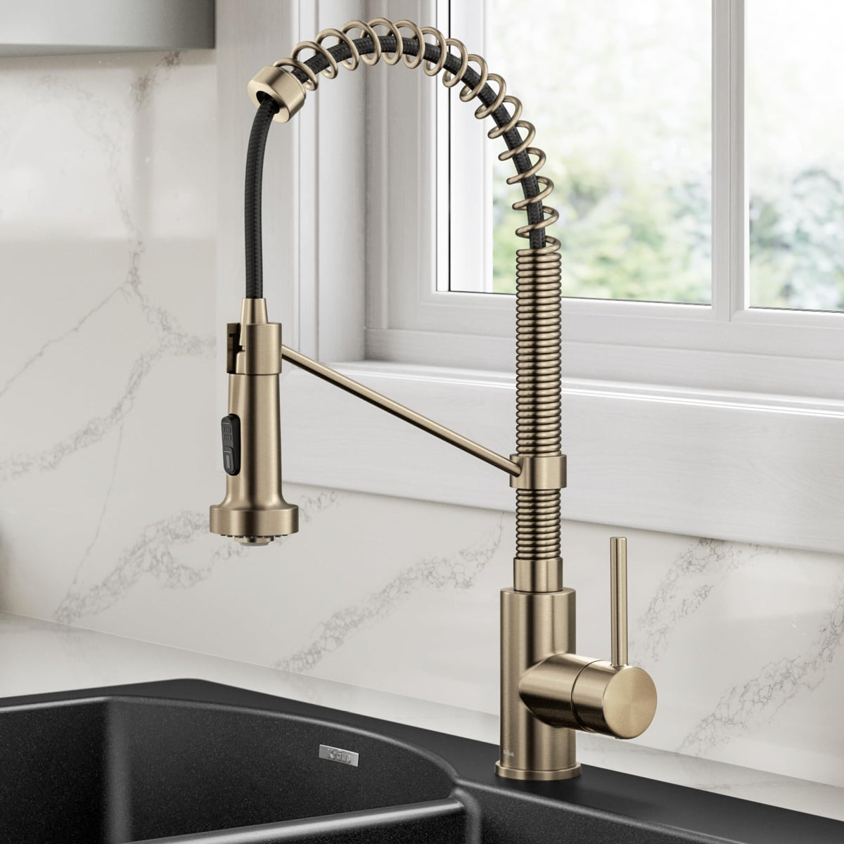 Kraus Bolden Commercial-Style 2-Function Pull-Down Kitchen Faucet – Spot-Free Antique Champagne Bronze | KPF-1610SFACB