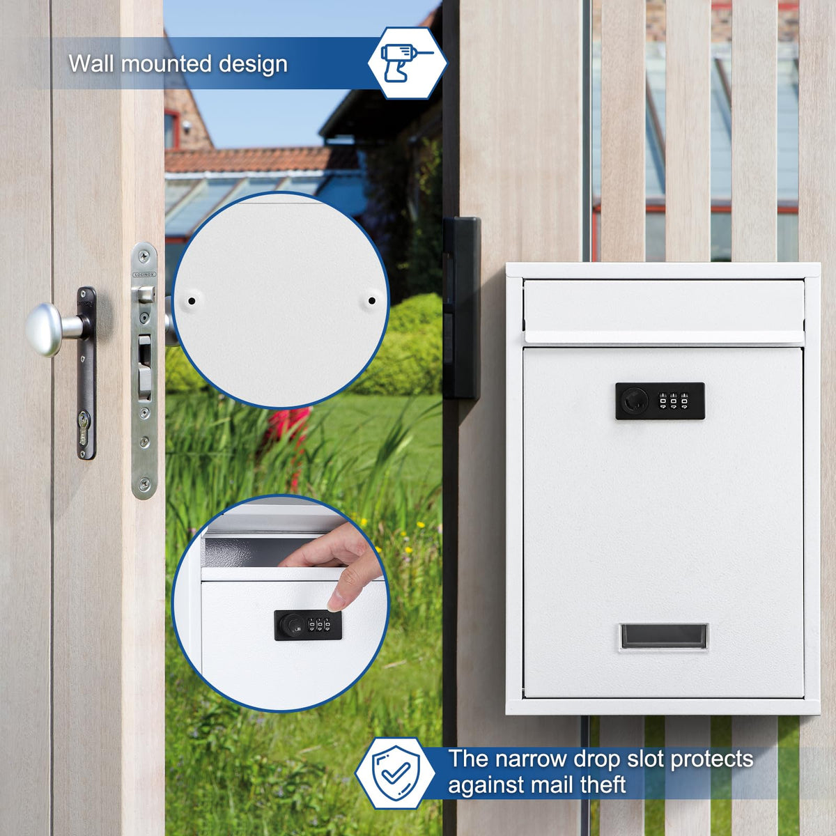 KYODOLED Locking Wall Mount Mailbox with 3-Digit Code – Weatherproof Steel, 12.4 x 8.54 x 3.35 in, White