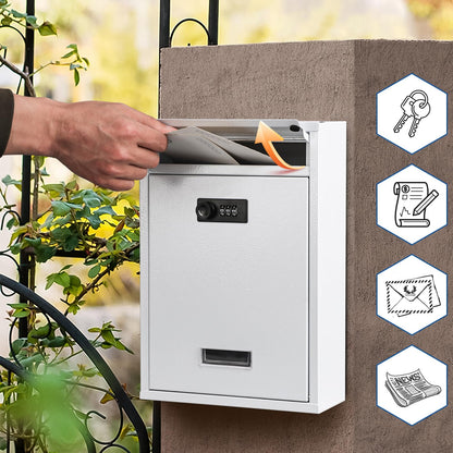 KYODOLED Locking Wall Mount Mailbox with 3-Digit Code – Weatherproof Steel, 12.4 x 8.54 x 3.35 in, White