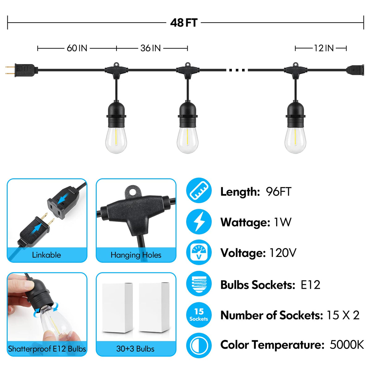 Lakumu 2-Pack 96FT Outdoor String Lights — 5000K Daylight LED, Dimmable & Linkable